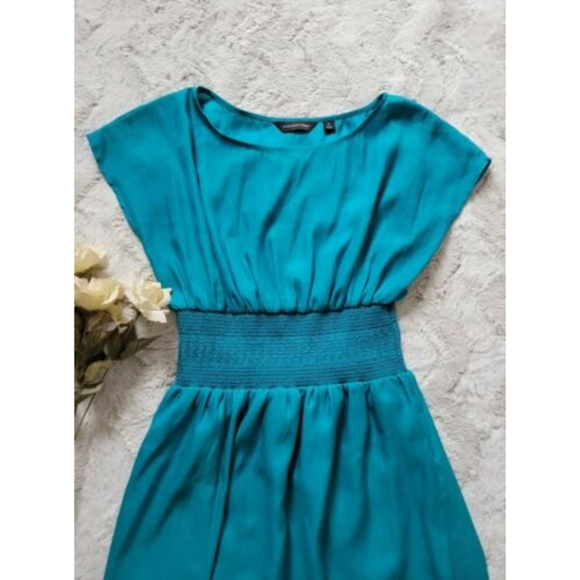 ✨CL CV By Cynthia Vincent Blue Thick Banded Waist Spanish Flare Short Sleeve Sm - Picture 2 of 13